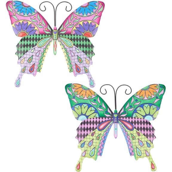 2Pcs Metal Butterfly Wall Decor 3D Butterflies Hanging Decorations Large Colorful Garden Art Sculpture Hand-Made Gift Ornaments for Home Bathroom Bedroom Yard Fence Decor(Green Purple) Colorful