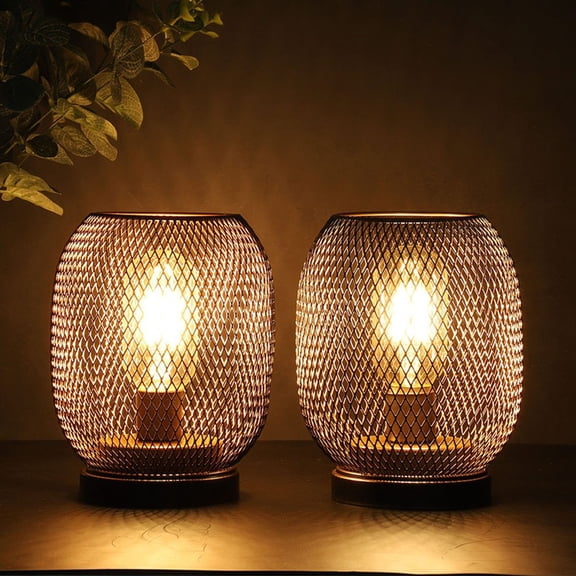 2Pcs Metal Cage Table Lamp Round Shaped LED Lantern Battery Powered Cordless Lamp for Weddings Party Home Decor Candle