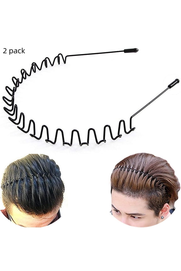 2Pcs Metal Hair Band for Men Headband Women Bands Unisex Black Wavy Spring Outdoor Sports Headbands Men's Hoop Clips Accessories Simple Elastic Non Slip Head Headwear