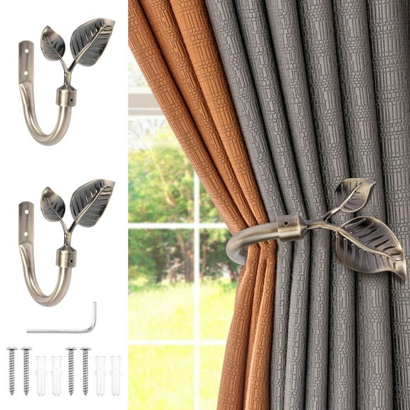 2Pcs Metal Leaf Shape Curtain Holdback with Screws Accessories Wall Mounted Decorative Curtain Tieback for Living Room Bedroom Office Home