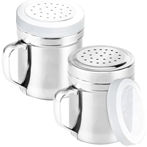 2Pcs Metal Salt Pepper Dredge Shakers, Stainless Steel Pepper Shaker Seasoning Jar With Handle, With Hole And Cover, Suitable For Pepper, Cinnamon And Coffee Spice Jars (Small-6OZ)
