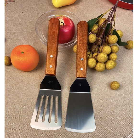 2Pcs Metal Spatulas Set, Metal Spatula for Cast Iron Skillet, Cooking Utensils Fish Egg Grill Spatula Stainless Steel Slotted Spatula, Wok Flat Top Small Metal Spatula Turner with Wood Handle