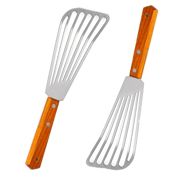 2Pcs Metal Spatulas Set, Metal Spatula for Cast Iron Skillet, Cooking Utensils Fish Egg Grill Spatula Stainless Steel Slotted Spatula with Wood Handle