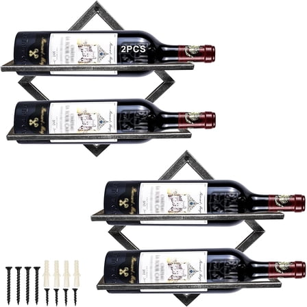2Pcs Metal Wall Mounted Wine Holder Stemware Glass Rack, Collapsible Hanging Red Wine Racks Organizer with 2 Liquor Bottles, Wine Bottle Display Hanger for Home Kitchen Bar Decor
