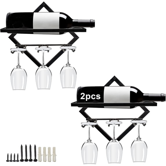 2Pcs Metal Wall Mounted Wine Holder, Upgrade Foldable Hanging Wine Rack Organizer for 2 Liquor Bottles, Red Wine Bottle Display Hanger with Screws for Home Kitchen Bar Wall Décor