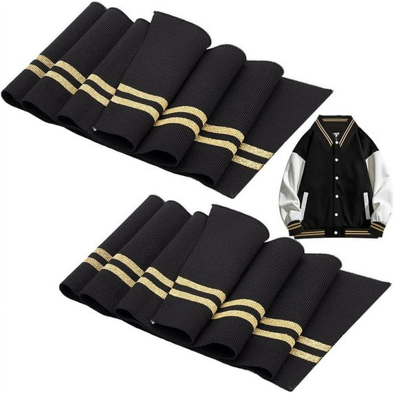 2Pcs Metallic Stripe Pattern Ribbing Fabric for Cuffs 5.3x37.4" Black Waistbands Collar Cuffs with Gold Trim