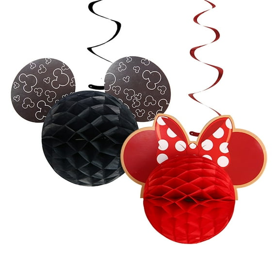 2Pcs Micky Themed Birthday Decorations, Cartoon Honeycomb Balls with Hanging Swirls , Birthday Party Supplies Table Decor for Kids, Women, Adults