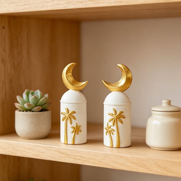2Pcs Middle Eastern Style Coconut Tree Moon Castle Storage Ornaments, Hand-Painted Detailed Resin Crafts, Creative Versatile Storage Decor for Holiday Living Room Tabletop