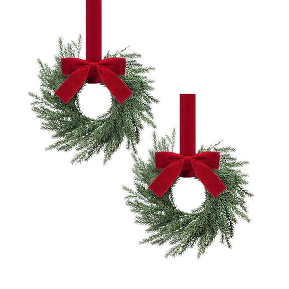 2Pcs Mini Artificial Christmas Wreath with Red Bow,12" Small Evergreen Norfolk Pine Wreaths for Front Door Window Fireplace Mantel Cabinet Indoor Home Decor