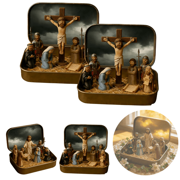2Pcs Mini Christmas Nativity Set in a Tin Box, Easter Gift for Family & Loved Ones, Small Religious Ornament, for Desk, Shelf, Office, Easter Decor(A-2pcs)