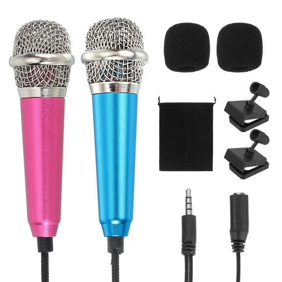 2Pcs Mini Microphone, Tiny Microphone with Sponge Cover, Holder and Drawstring Bag Portable(Rose Red/Blue)