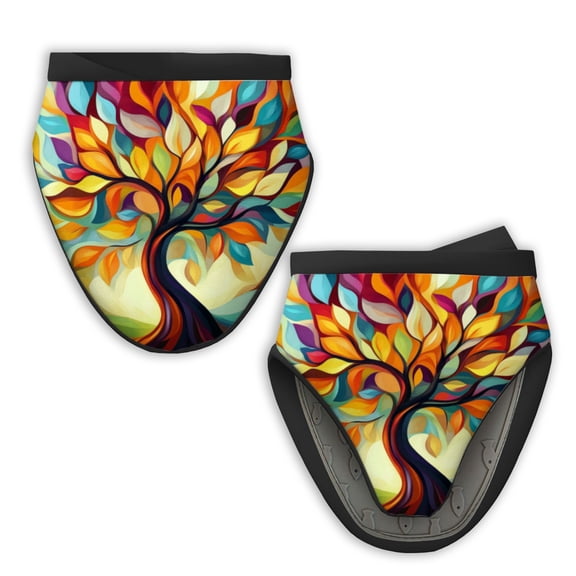 2Pcs Mini Oven Mitts, Artistic Multicolor - Foliage Tree Fabric Kitchen Gloves, 5.9in Kitchen Mitts for Oven, Heat Resistant Soft Quilted Cotton Lining for Safe Backing Cooking