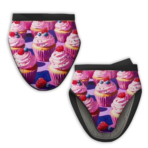 2Pcs Mini Oven Mitts, Cupcakes With Pink Frosting And Berries Fabric Kitchen Gloves, 5.9in Kitchen Mitts for Oven, Heat Resistant Soft Quilted Cotton Lining for Safe Backing Cooking