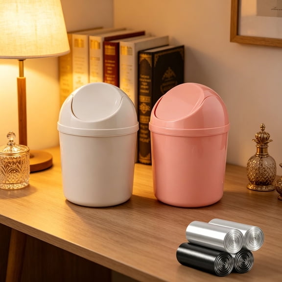 2Pcs Mini Plastic Trash Can with Swing Lid - 120 Trash Bags Included, Small Desktop Waste Bin for Home, Office, Kitchen, Vanity & Bedroom, Pink and Beige