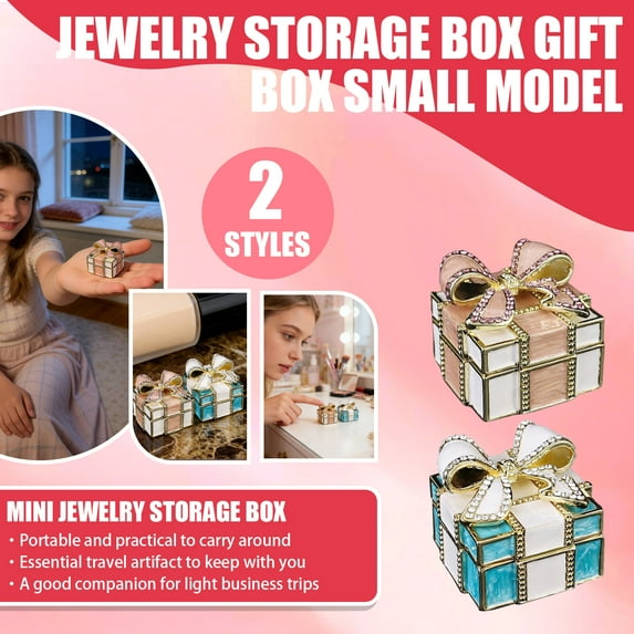 2Pcs Mini Trinket Ceramic Box, Bow-knot Gift Box Style Hinged Jewelry Box Vintage Metal Enameled Decorative Box Ring Earrings Jewelry Organizer Gift Box for Women