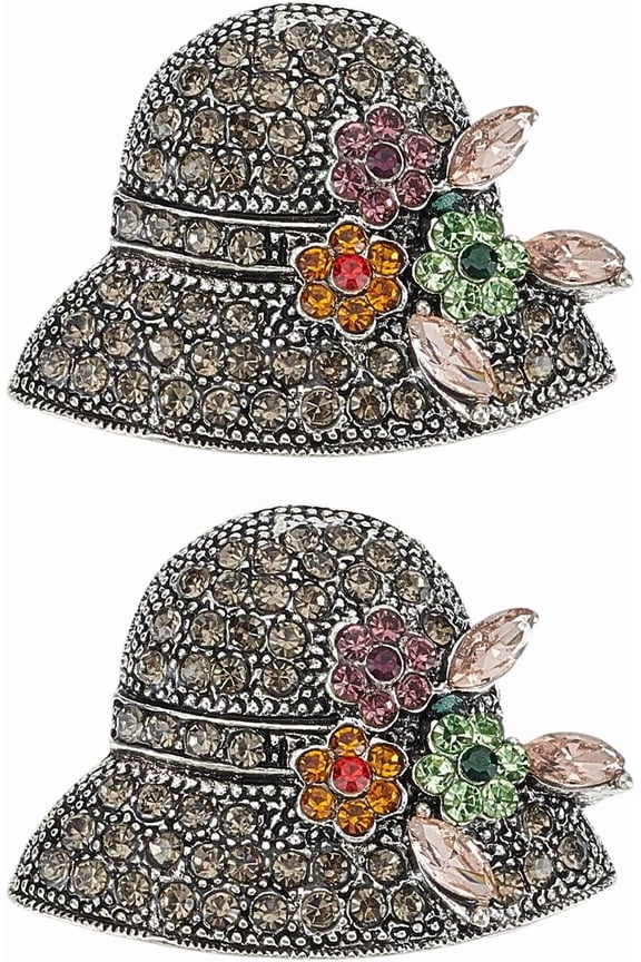 2Pcs Mixed Color Hat with Rhinestone Flower Brooches Pins 26x33mm Hat and Flower Zinc Alloy Brooches Fashin Rhinestone Brooch Pins for Women Fashion Trendy Jewelry Gifts Antique Silver