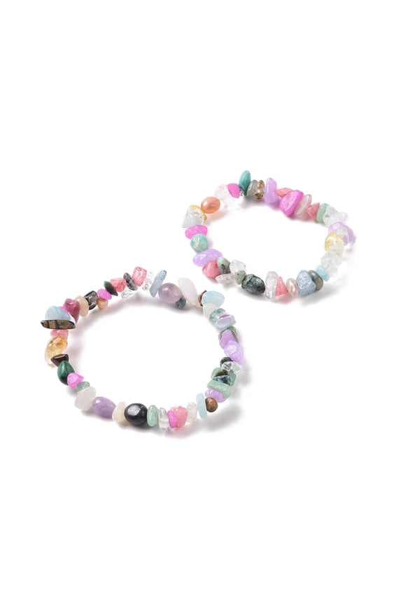 2Pcs Mixed Gemstone Chips Stretch Bracelets Set for Parent Inner Diameter: 1-7/8~2 inch(4.9~5.1cm)