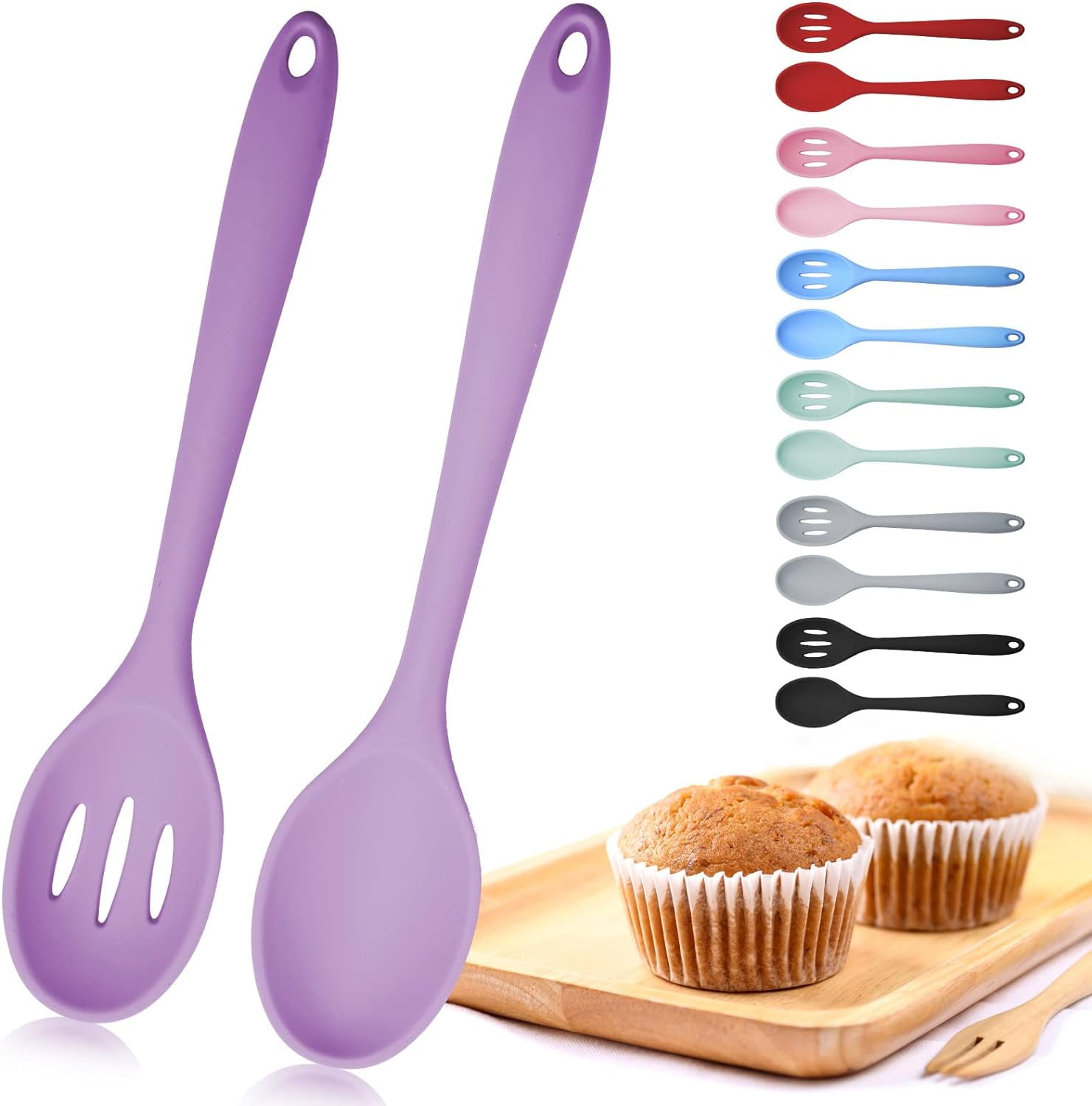 2Pcs Mixing Spoons, Silicone Slotted Spoon, Silicone Spoons for Cooking ...