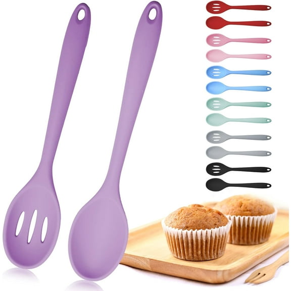 2Pcs Mixing Spoons, Silicone Slotted Spoon, Silicone Spoons for Cooking, Serving Spoons for Mixing, Serving, Draining, Stirring, Dishwasher Safe, Heat-Resistant, Non Stick