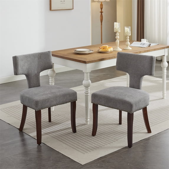 2Pcs Modern Dining Chairs Farmhouse Linen Fabric Upholstered Accent Chair with Curved Backrest Hardwood Frame Kitchen Side Chair