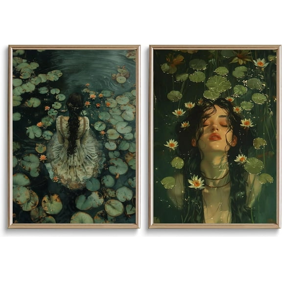 2Pcs Moody Victorian Wall Art - Woman in the Lake, Dark Academia Posters, Gothic Cottagecore Halloween Aesthetic Paintings, Unframed (12x16in)