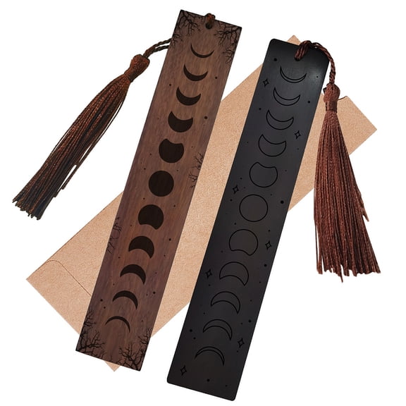 2Pcs Moon Wood Bookmarks Crescent Full Moon Phases Lunar Eclipse Star Natural Wood Engraving Rectangle Romance Fantastic Vintage TasselDIY