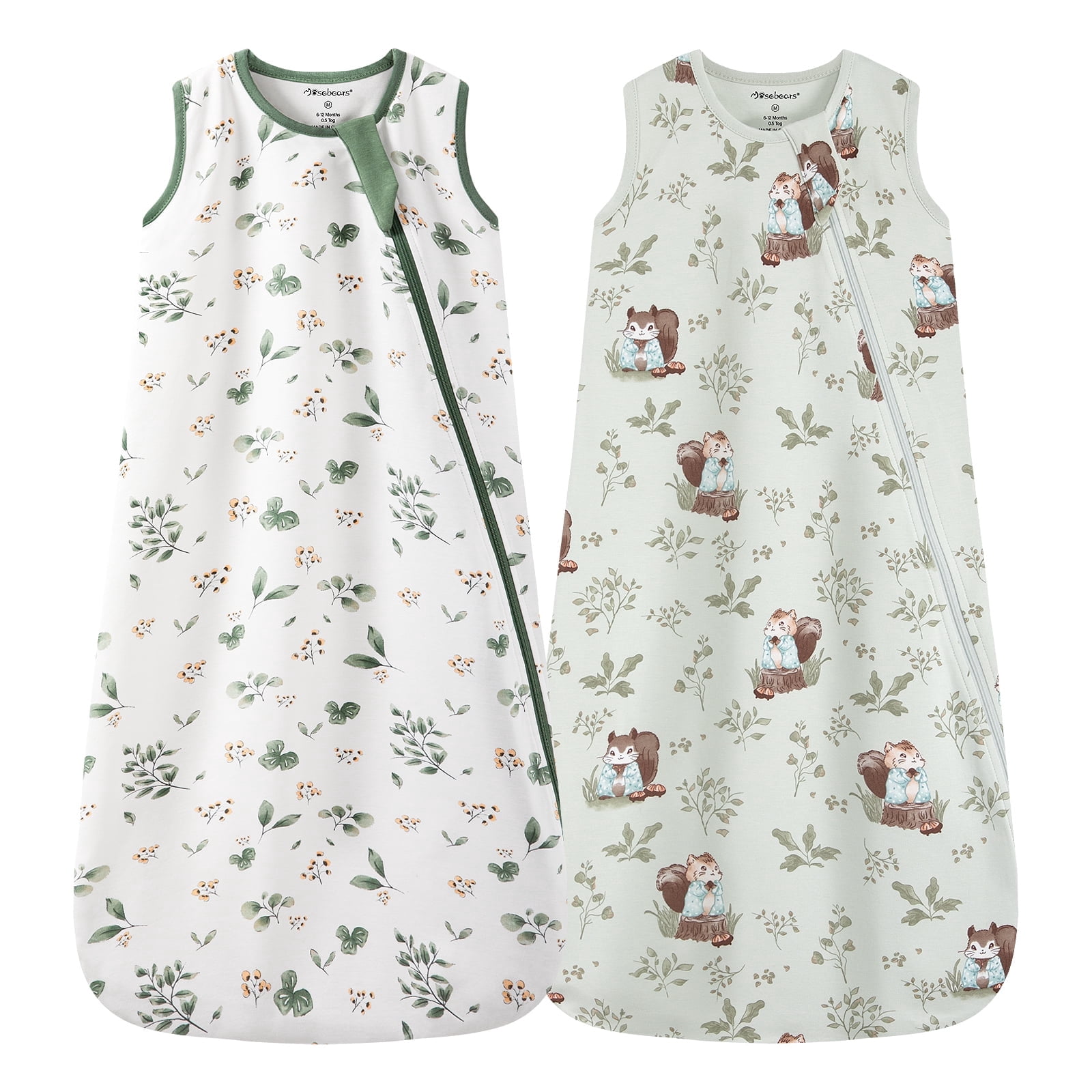 2Pcs Mosebears 0.5 Tog Baby Sleeping Bag - Cotton Summer Sleep Sack for Newborns, Boys & Girls(Animal&Plant,S(0-6 Months))