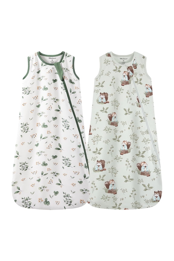 2Pcs Mosebears 0.5 Tog Baby Sleeping Bag - Cotton Summer Sleep Sack for Newborns, Boys & Girls(Animal&Plant,S(0-6 Months))