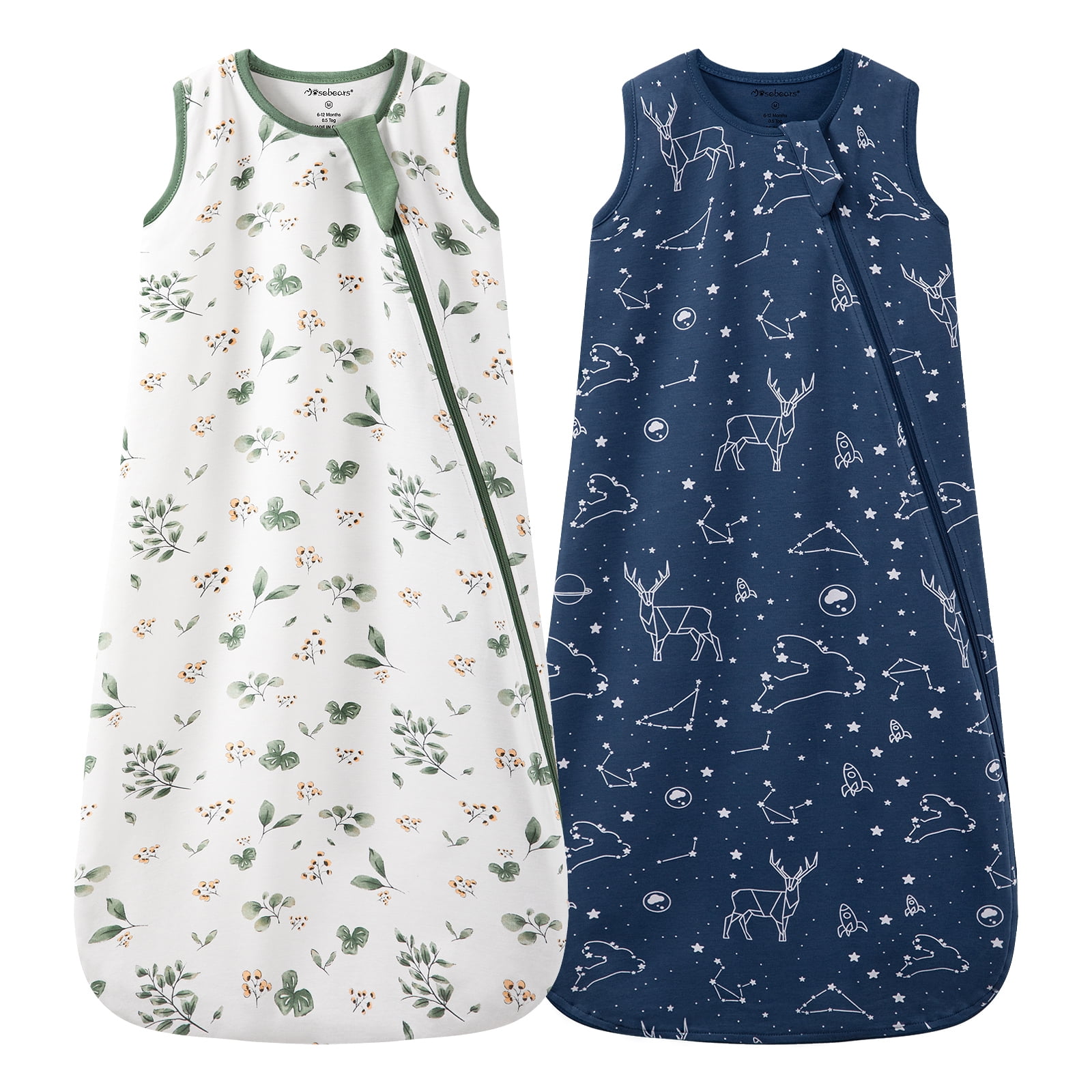 2Pcs Mosebears 0.5 Tog Baby Sleeping Bag - Cotton Summer Sleep Sack for Newborns, Boys & Girls(Plant&Blue,L(12-18 Months))