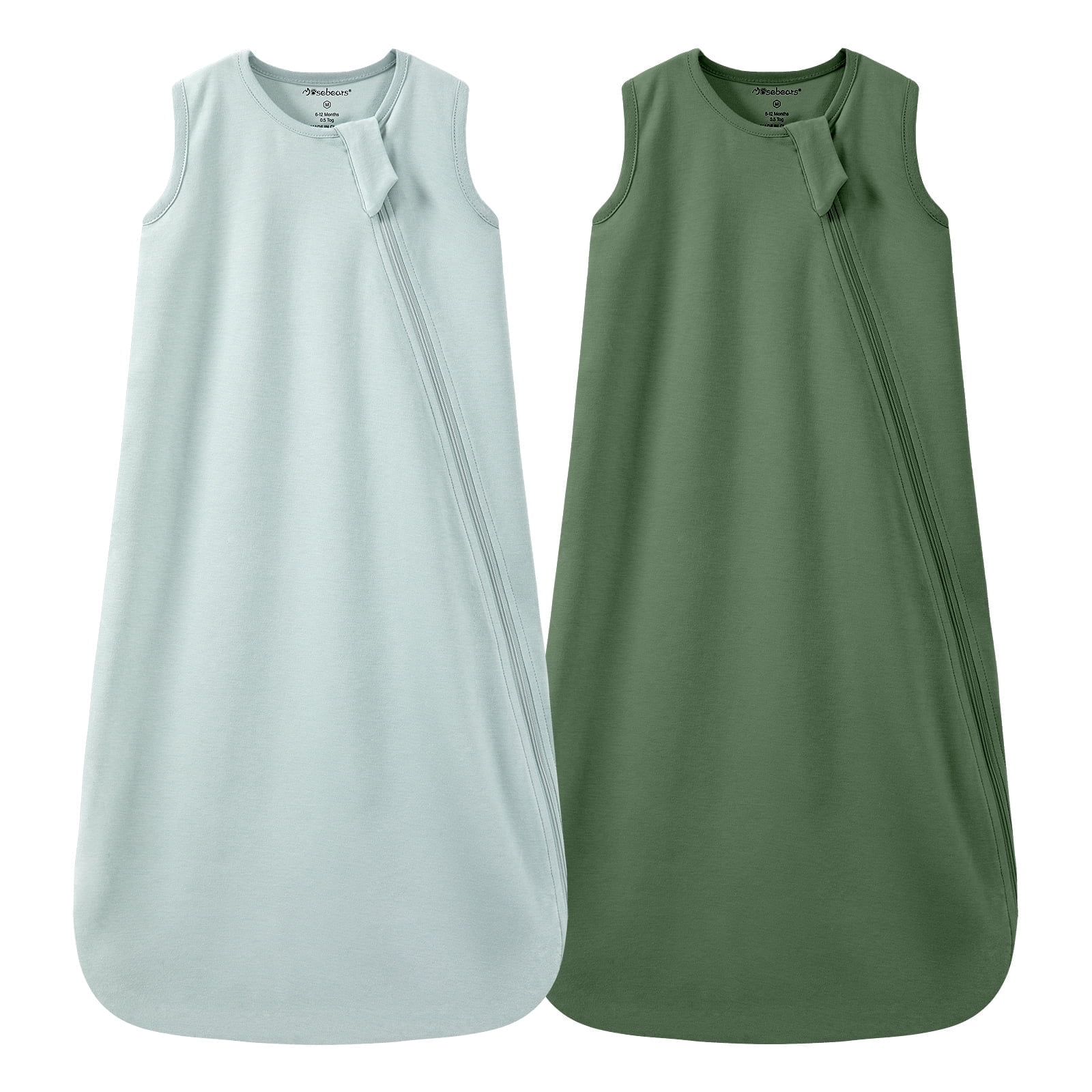 2Pcs Mosebears 0.5 Tog Baby Sleeping Bag - Cotton Summer Sleep Sack for Newborns, Boys & Girls(Dark Green&Sage,M(6-12 Months))