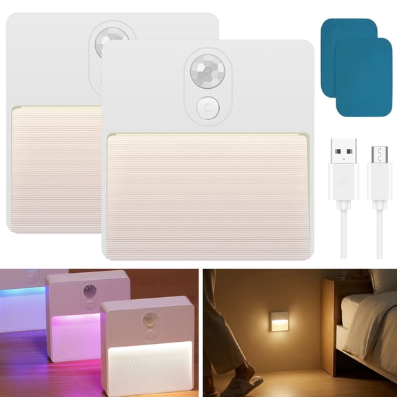 Rechargeable Motion Sensor Night Light, 2 Pack Dimmable LED Closet Lights with RGB Color Changing & Warm White, Magnetic Stick-on Wireless Under Cabinet Lighting for Stairs, Hallway, Bedroom (White)