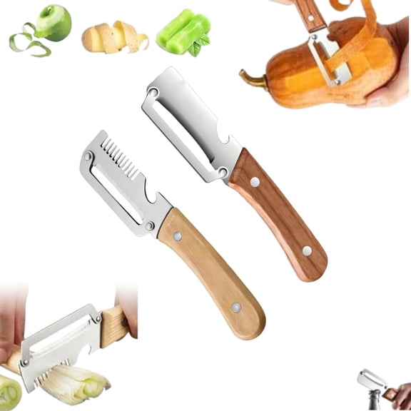 2Pcs Multi-Function Vegetable Prep Tool Set, Stainless Steel Shredder Peeler Combo with Wooden Handles, Dual-Use Slicer and Peeling Knife for Kitchen