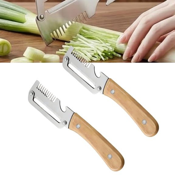 2Pcs Multi-Function Vegetable Slicer & Peeler, Stainless Steel Green Onion Cutter with Wooden Handle, Dual-Use Shredder and Peeling Knife for Kitchen Prep