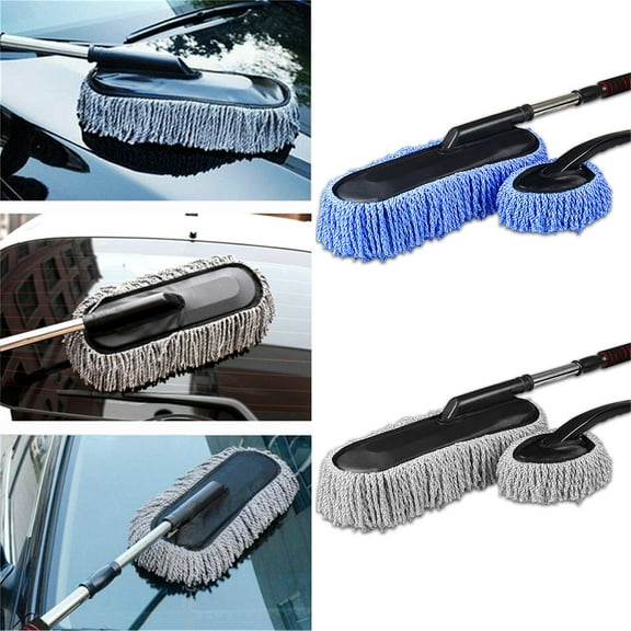 2Pcs Multi-Functional Car Wash Mop Kits with Long Handle, Retractable Fiber Wax Mop for Car Cleaning, Soft Microfiber Wax Brush, Extendable Long Handle for Roof Windshield Hood, Blue