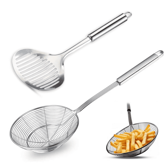2Pcs Multi Kitchen Utensil Stainless Steel Cooking Skimmer Slotted Fish Turner Spatula Spoon Colander Drain Water Filter Spoon Ladle for Cooking &Frying