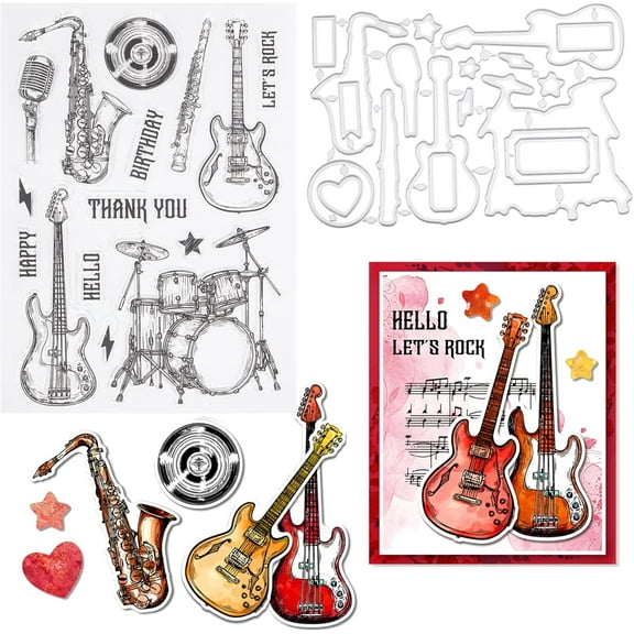 2Pcs Musical Instrument Clear Stamps and Cutting Dies Silicone Clear Stamps Cards and Metal Die Cuts for Card Making and DIY Embossing Scrapbooking DIY