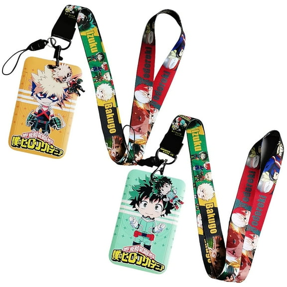 2Pcs My Hero Academy Anime Badge Keychain Lanyard ,ID Badge Holder, Cell Phone, and Charms Neck Strap Including Card Sleeve