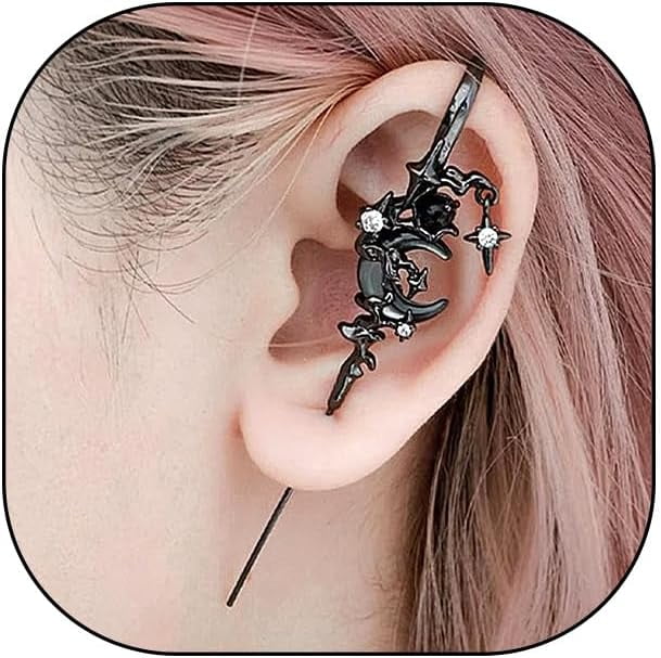 Myth Of The Moon Ear Hook Piercing Earrings - Moon & Star Wrap Climber Crawler Punk Cuff Earring