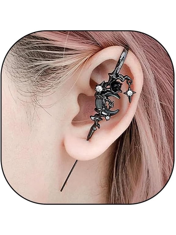 2Pcs Myth of the Moon Ear Hook Needle Piercing Earring Goth Climber Crawler Earrings Vintage Punk Moon Wrap Earrings Jewelry Accessory Present for Women Wife
