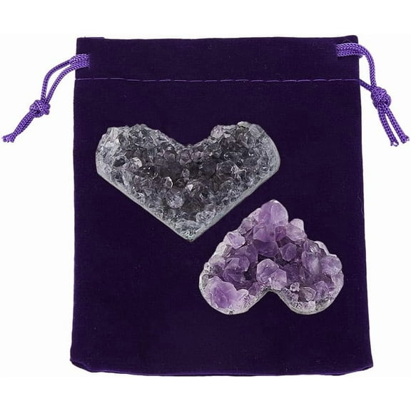 2Pcs Natural Amethyst Crystals Stone Small Heart Gemstones Purple Love Decoration Stone Amethyst Gemstone Specimen with Velvet Bag