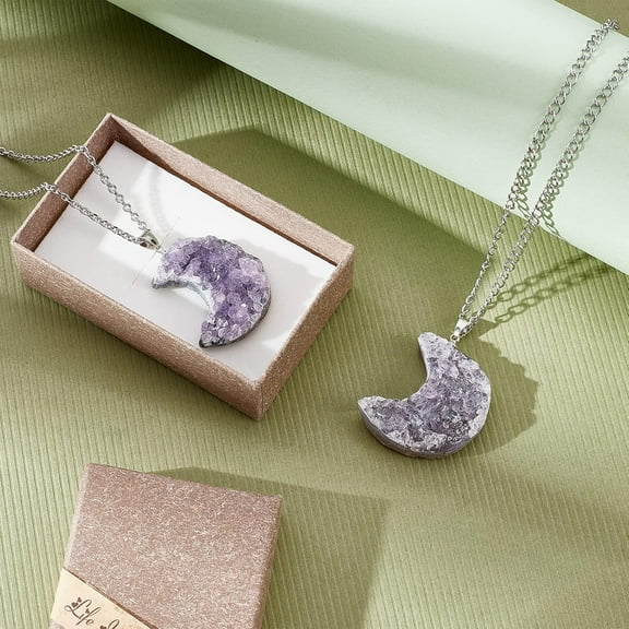 2Pcs Natural Amethyst Pendants Crystal Crescent Moon Healing Stones Purple Crystal Worry Stone Rough Stone 35x28x11mm
