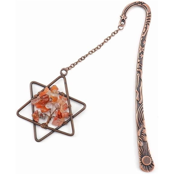 2Pcs Natural Carnelian Chip Beaded Tree of Life in Star of David Pendant Bookmark Red Copper Plated Alloy Hook Bookmark 120mm