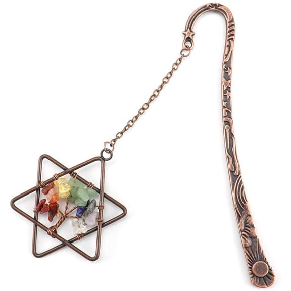 2Pcs Natural Mixed Gemstone Chip Beaded Tree of Life in Star of David Pendant Bookmark Red Copper Plated Alloy Hook Bookmark 120mm for DIY