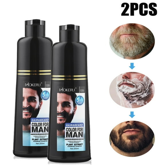 2Pcs Natural Permanent Beard Dye Shampoo,Beard Hair Color Shampoo for Men,Colors Hair in Minutes, Long Lasting,Black(200ML)