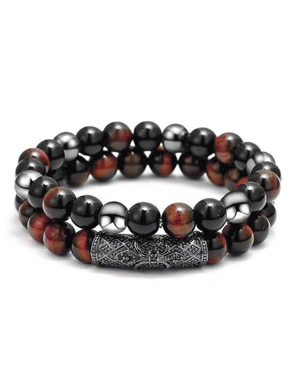 2Pcs Natural Tiger Eye, Obsidian and Hematite 8mm Beads Bracelet, Gifts for Women by Men, Healing Crystal Bracelet for Luck, Prosperity and Happiness