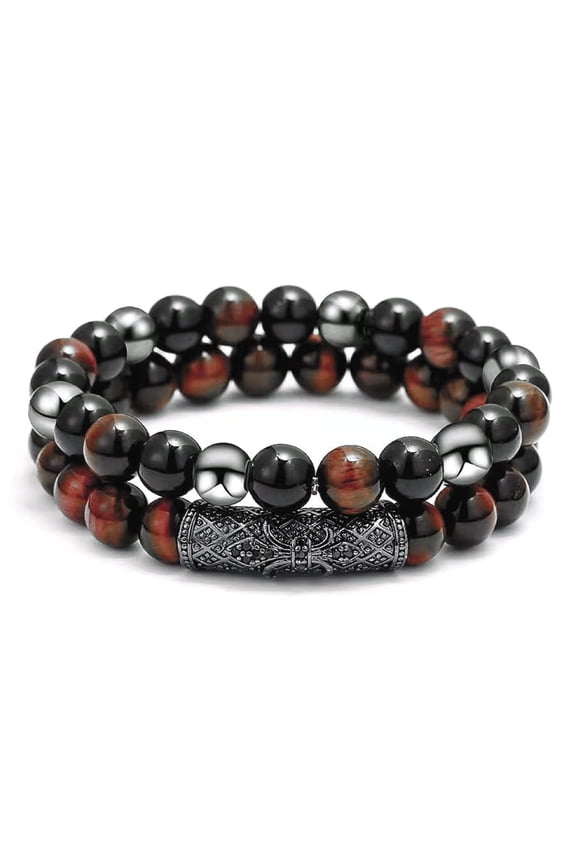 2Pcs Natural Tiger Eye, Obsidian and Hematite 8mm Beads Bracelet, Gifts for Women by Men, Healing Crystal Bracelet for Luck, Prosperity and Happiness