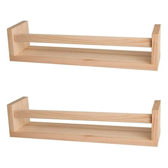2Pcs Natural Wood Floating Wall Bookshelf for Kids,Kitchen Spice Rack