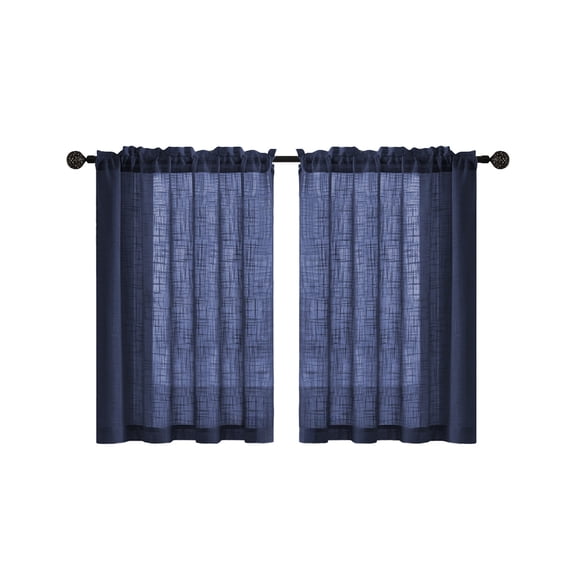 2Pcs Navy Blue Kitchen Curtains 30 inch Long for Bathroom Neutral Casual Weave Linen Textured Sheer Short Rod Pocket Small Half Window Treatments Tier for Bedroom