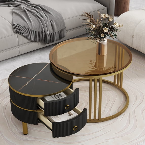 2Pcs Nesting Coffee Table Set, Nesting Tables with 2 Drawers, Brown Tempered Glass High Gloss Marble Tabletop, Round Center Table