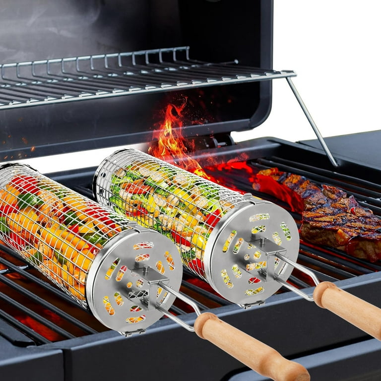 2Pcs Nesting Grill Baskets with Removable Wooden Handle Rolling Grilling Tube Net Mesh Accessories for Vegetables Shrimp Outdoor BBQ Camping Picnic Walmart